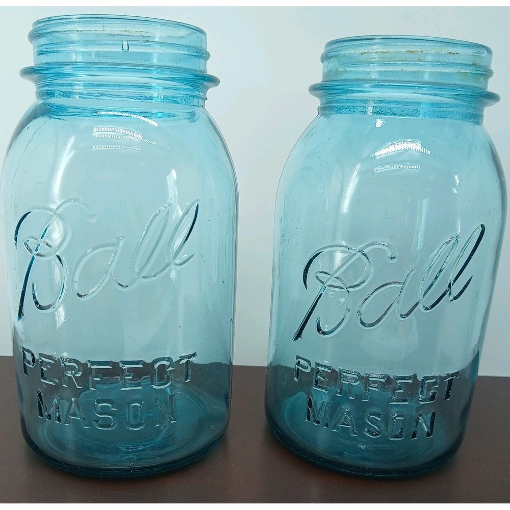 Ball Perfect Mason Blue Glass Quart Jars Lot of 2 - Vintage Canning Jar no lids